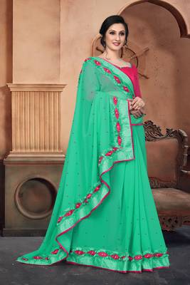 Green Embroidered Georgette Saree With Blouse 4
