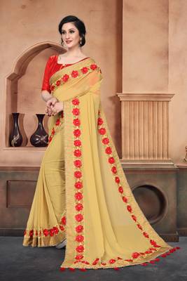 Beige Embroidered Art Silk Saree With Blouse 3
