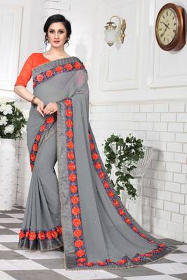 Grey Embroidered Georgette Saree With Blouse 1