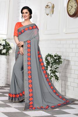 Grey Embroidered Georgette Saree With Blouse 3