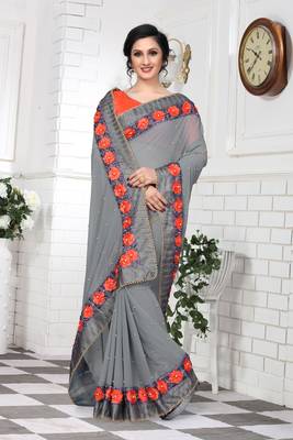 Grey Embroidered Georgette Saree With Blouse 4