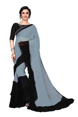 grey plain georgette saree with blouse 1