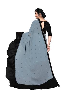 grey plain georgette saree with blouse 2