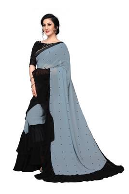 grey plain georgette saree with blouse 4