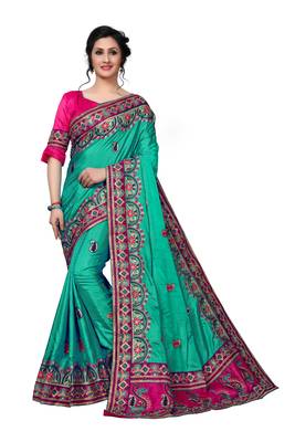 Green Embroidered Art Silk Saree With Blouse 1
