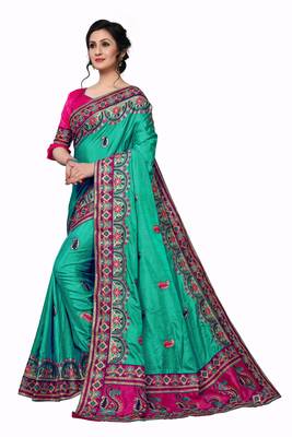 Green Embroidered Art Silk Saree With Blouse 3