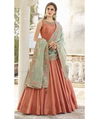 Designer Orange Heavy Soft Banglori Silk Handworked Partywear Suit 1