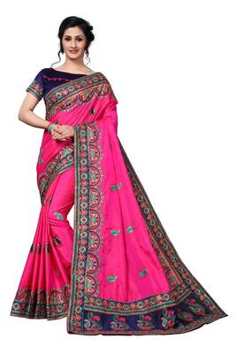 Pink Embroidered Art Silk Saree With Blouse 1