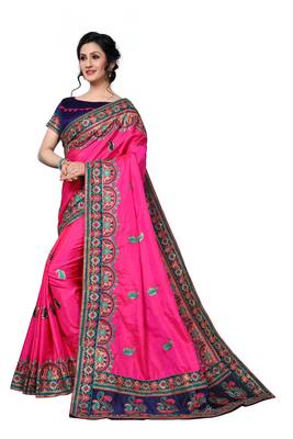 Pink Embroidered Art Silk Saree With Blouse 2