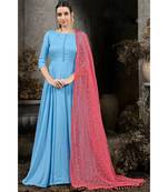Designer Sky Blue Heavy Cotton Maslin Handwork Partywear Suit