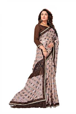 Beige Printed Art Silk Saree With Blouse 4