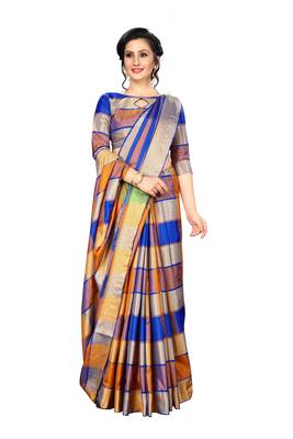 Blue woven art silk saree with blouse 4