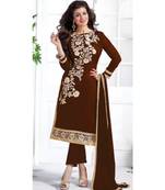 Brown chanderi embroidered un-stitched kameez with dupatta