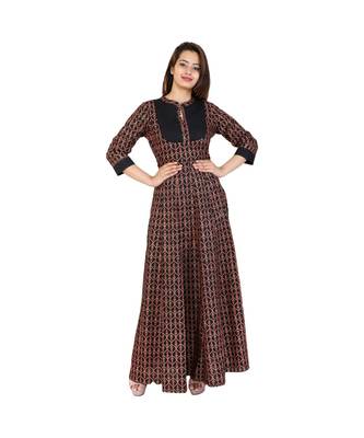 brown Cotton Long Kurta With Gold & Red Print 1