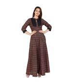 brown Cotton Long Kurta With Gold & Red Print