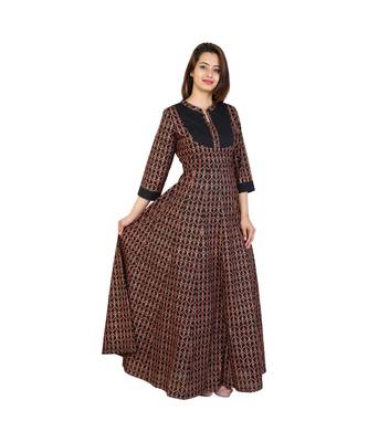 brown Cotton Long Kurta With Gold & Red Print 2