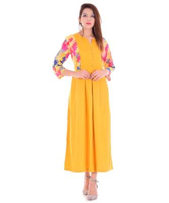 mustard Rayon & Bell Sleeve Long Kurta With Round Neck 1