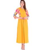 mustard Rayon & Bell Sleeve Long Kurta With Round Neck