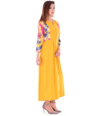 mustard Rayon & Bell Sleeve Long Kurta With Round Neck 2