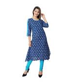 blue blue Prited Fish Cut Cotton Kurta For Women