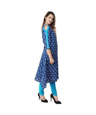 blue blue Prited Fish Cut Cotton Kurta For Women 2