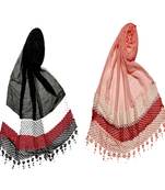 Stole For Women - Set Of 2- Premium Cotton Three Liner Bordered Stole