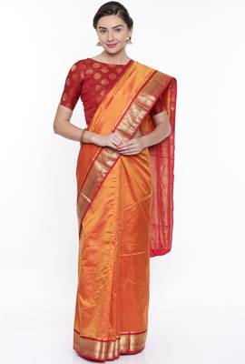 CLASSICATE From The House Of The Chennai Silks Orange Kanjivaram Silk With Running Blouse 1