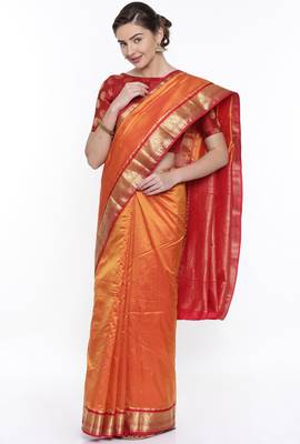 CLASSICATE From The House Of The Chennai Silks Orange Kanjivaram Silk With Running Blouse 2
