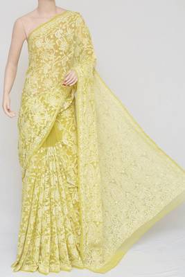 yellow Color Allover Heavy Palla Hand Embroidered Lucknowi Chikankari saree with blouse   1