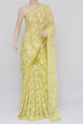 yellow Color Allover Heavy Palla Hand Embroidered Lucknowi Chikankari saree with blouse   3