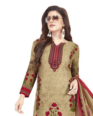 Beige Printed Unstitched Salwar Suit Dress Material With Dupatta 3