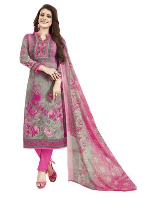 Grey & Pink Printed Unstitched Salwar Suit Dress Material With Dupatta 1