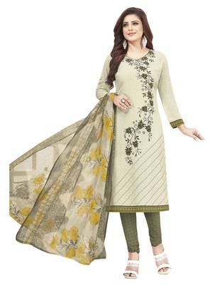 Off White & Olive Green Printed Unstitched Salwar Suit Dress Material With Dupatta 1