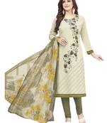 Off White & Olive Green Printed Unstitched Salwar Suit Dress Material With Dupatta