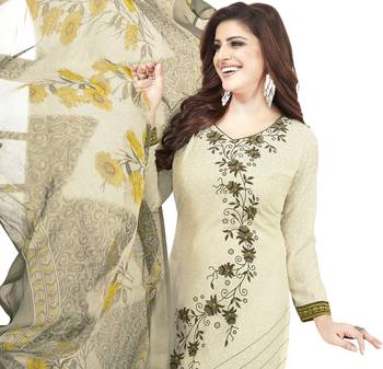 Off White & Olive Green Printed Unstitched Salwar Suit Dress Material With Dupatta 2