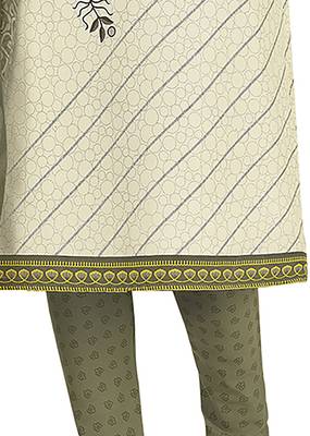 Off White & Olive Green Printed Unstitched Salwar Suit Dress Material With Dupatta 4