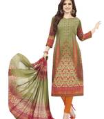 Olive Green & Orange Printed Unstitched Salwar Suit Dress Material With Dupatta