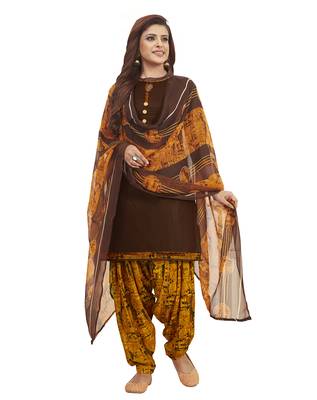 Brown & Mustard Printed Unstitched Salwar Suit Dress Material With Dupatta 3
