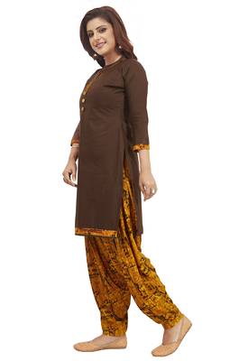 Brown & Mustard Printed Unstitched Salwar Suit Dress Material With Dupatta 4