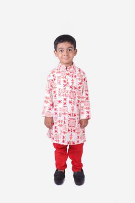 Red and White Tribal Print Khadi Cotton Kurta with Red Churidar 1