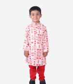 Red and White Tribal Print Khadi Cotton Kurta with Red Churidar