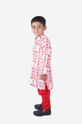 Red and White Tribal Print Khadi Cotton Kurta with Red Churidar 3