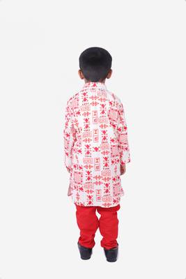 Red and White Tribal Print Khadi Cotton Kurta with Red Churidar 4