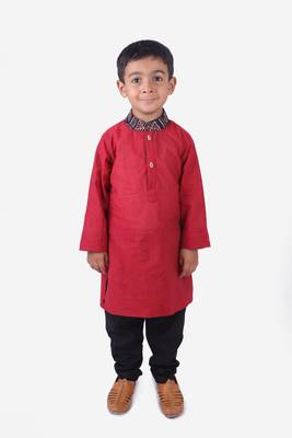 Maroon South Cotton Kurta with Black Tribal Print Collar and Black Churidar 1