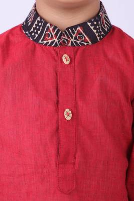 Maroon South Cotton Kurta with Black Tribal Print Collar and Black Churidar 2