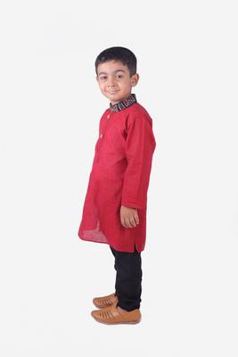 Maroon South Cotton Kurta with Black Tribal Print Collar and Black Churidar 3
