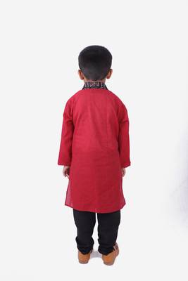 Maroon South Cotton Kurta with Black Tribal Print Collar and Black Churidar 4