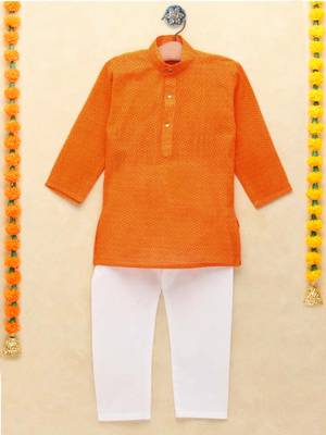 Orange printed cotton boys-kurta-pyjama 1