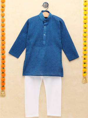 Blue printed cotton boys-kurta-pyjama 1