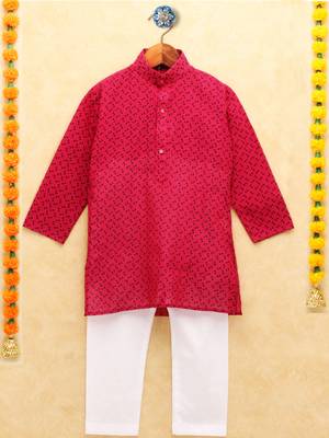 Orange printed cotton boys-kurta-pyjama 1